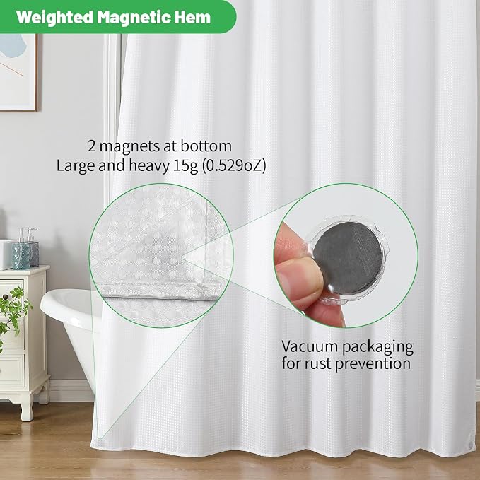 eachope No Hook Waffle Shower Curtain, No Liner Needed, 54x74 Inch, White | 100% waterproof TPU-laminated backing, magnetic weighted hem, machine washable, for bathroom, hotel, or shower stall use