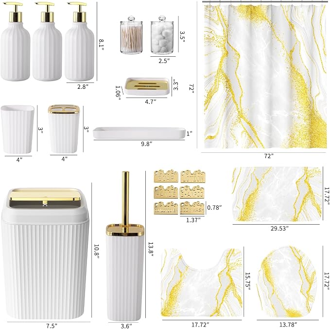 21PCS Bathroom Sets with Shower Curtain and Rugs Bathroom Accessories Set White Bathroom Set Complete with Trash Can, Toilet Brush, Qtip Holder & 3PCS Soap Dispenser
