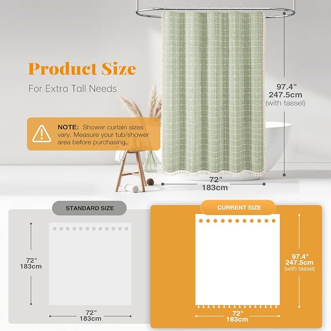 Extra Long Boho Farmhouse Linen Shower Curtain Set, 72x96, Sage Green | Extra Tall Size, 330GSM Linen Blend, 3-side Tassels, Waterproof Fabric, 12 Plastic Hooks, Rustic Bohemian, Machine Washable