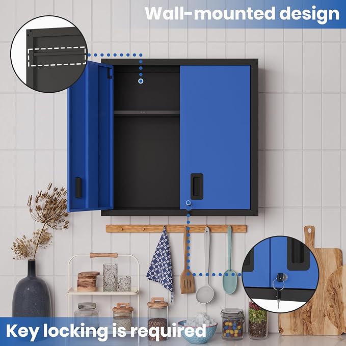 30 Inch Metal Wall Cabinet, Metal Wall Cabinet for Garage, Blue | Wall Mount Cabinet with Lock and Adjustable Shelf, Lockable Storage Cabinet for Home Office,Garage,Gym,School
