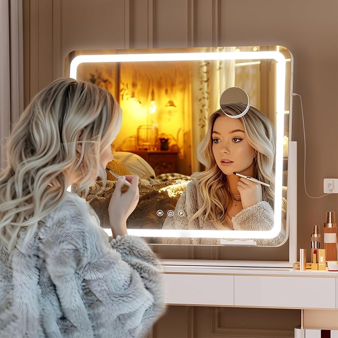 Hasipu 25" x21” LED Vanity Mirror with Lights - Makeup Mirrors with 10X Magnification, USB Charging, 3 Color Dimmable, 360° Rotation (White)