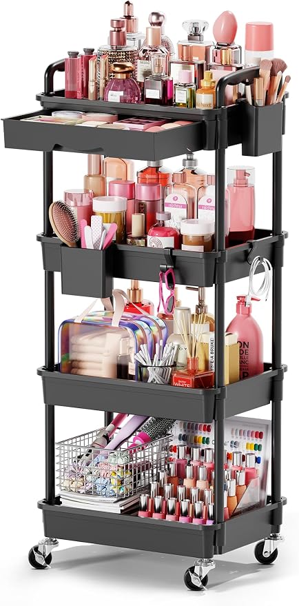Goovilla Rolling Makeup Organizer Cart with Removable Drawer, 4 Tier Black | Stable Floor Skincare Storage Cart for Vanity, Cosmetic Display, Nail Polish, Perfume, Hair Stuff, Beauty, Bathroom(Plastic)