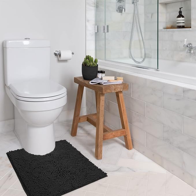 LuxUrux Black Toilet Rug - Extra-Soft Plush Bath Shower Bathroom Rug,1'' Chenille Microfiber Material, Super Absorbent Shaggy Bath Rug. Machine Wash & Dry (20 x 20, Black)