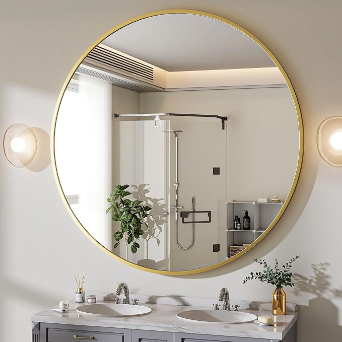 BEAUTYPEAK 24 Inch Round Mirror, Metal Frame Circle Mirror, Gold | Wall Mounted for Entryway, Bathroom, Vanity, Living Room