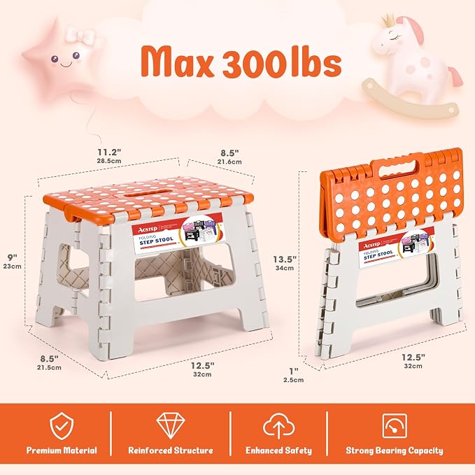 Folding Step Stool 9 Inch for Kids, 300 lbs, Bicolor Orange | Lightweight Plastic Small Foldable Step Stool with Handle, Non-Slip, for Kitchen, Bathroom, Bedroom and Closet