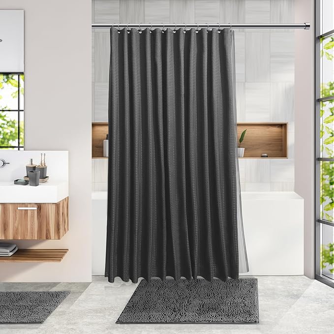 Clara Clark Bathroom Accessories Set - 27PC Bathroom Set with Adhesive Corner Shower Caddy Hanging, Bathroom Sets with Shower Curtain and Rugs, Grey Shower Curtain Set with Bathroom Trash Can | 27 Piece Grey Bathroom Sets with Shower Curtain and Rugs w...