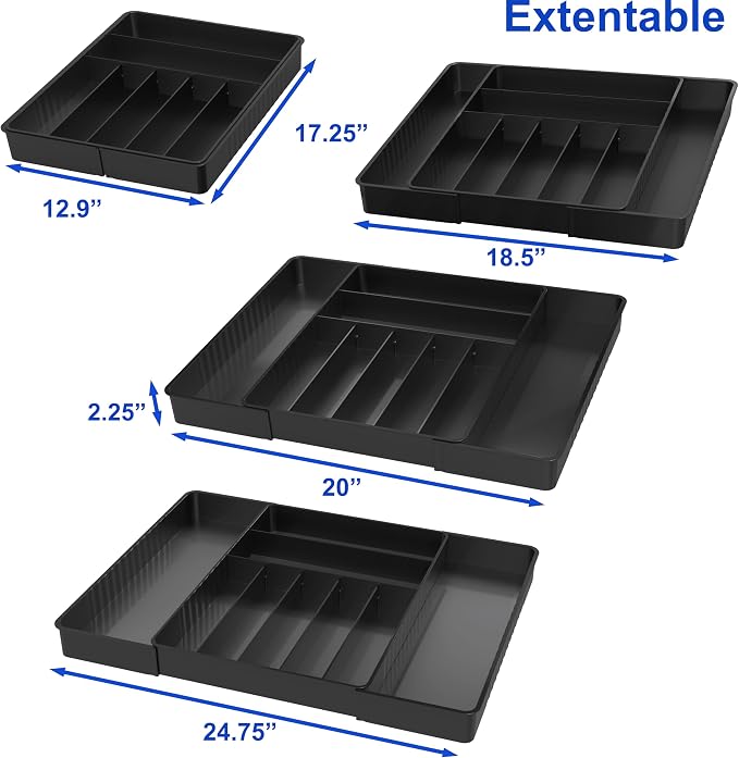 Simple Houseware Expandable Kitchen Drawer Flatware Organizer, Black | Expandable Kitchen Drawer Flatware Organizer, Black – Adjustable Cutlery Tray with 9 Compartments for Utensils and Silverware