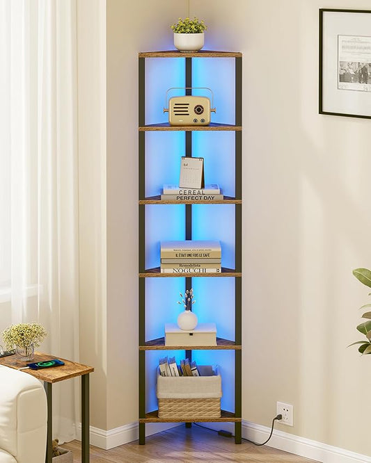 TUTOTAK Corner Shelf with LED Light, 6-Tier Corner Bookshelf | for Small Space, Narrow Display Corner Shelf Stand with Storage Rack, for Living Room, Bedroom, Rustic Brown BS05BB006L