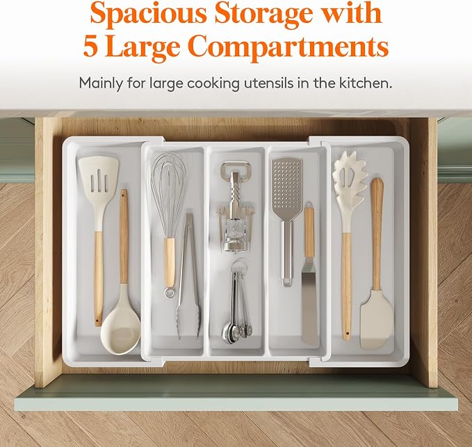 Lifewit Utensil Organizer for Kitchen Drawers, Expandable Cooking Utensil Tray, Adjustable Cutlery Silverware Flatware Holder, Plastic Spatula Tools Storage Divider, 13-22 x 15", White