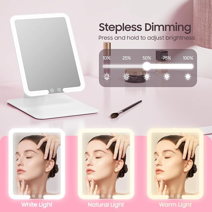 Foldable Travel Makeup Mirror with Lights & 20X Magnifying, White | Rechargeable LED Vanity Mirror, Height & Angle Adjustable, 3-Colors Lighting, Smart Auto Sensor, Portable Tabletop Mirror