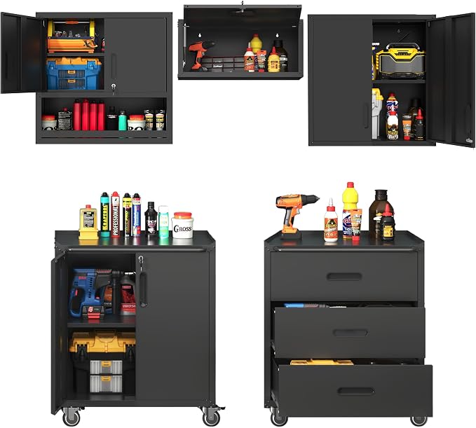 Garage Storage Cabinet System,Wall Cabinet & Locking Rolling Tool Cabinet with Doors and Adjustable Shelves