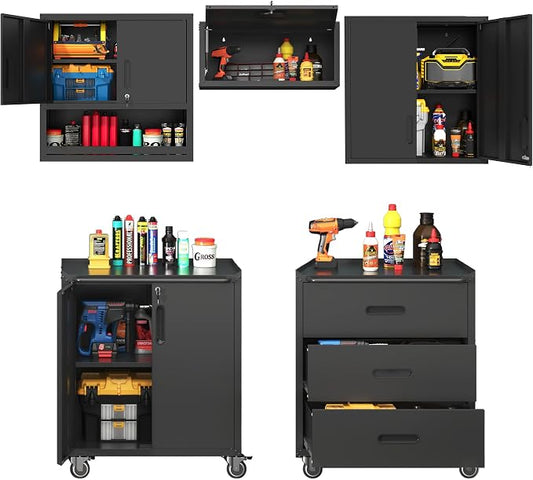 Garage Storage Cabinet System,Wall Cabinet & Locking Rolling Tool Cabinet with Doors and Adjustable Shelves