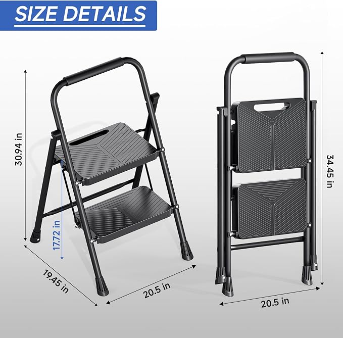 KINGRACK 2 Step Ladder, Portable Folding Ladder with Anti-Slip Pedals | Heavy Sturdy Steel Step Stool for Multi-Purpose, Home, Kitchen, Handrail, Safe-Lock Design, Pass 500lbs Load Testing, Black