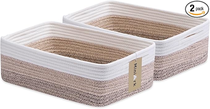 MiniArk Large Shallow Organizing Baskets 15x11x5.1 Inches - Rope Woven Storage Bins for Bathroom, Shelves, Cube Closet, Gradient Brown 2 Packs