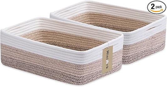 MiniArk Large Shallow Organizing Baskets 15x11x5.1 Inches - Rope Woven Storage Bins for Bathroom, Shelves, Cube Closet, Gradient Brown 2 Packs