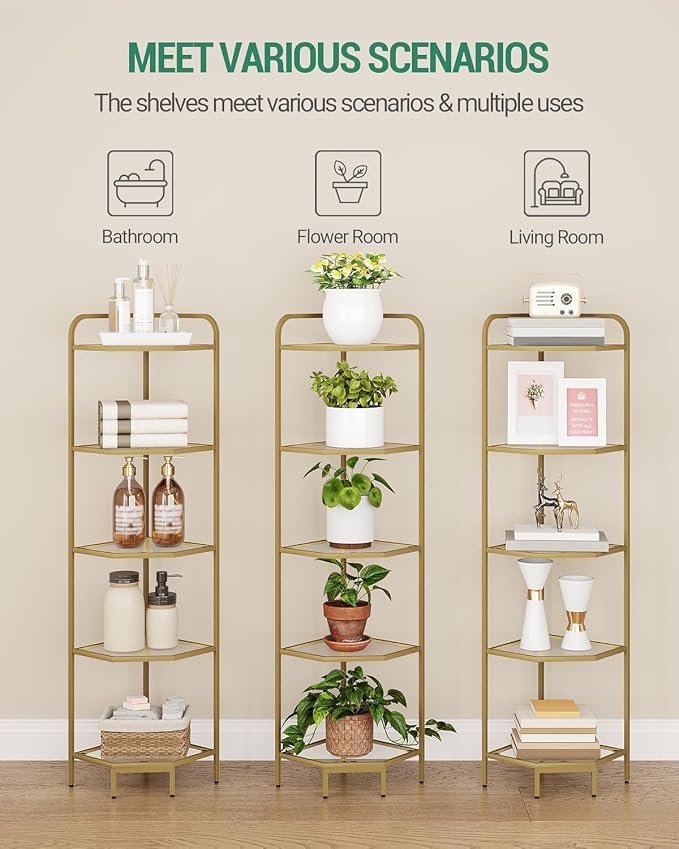 Hzuaneri Corner Shelf Stand, 5-Tier Glass Bookshelf Bookcase, Plant Stand | Bathroom Organizer Steel Frame, Tempered Glass, Modern Style for Living Room, Bathroom, Kitchen, Gold CS90200G