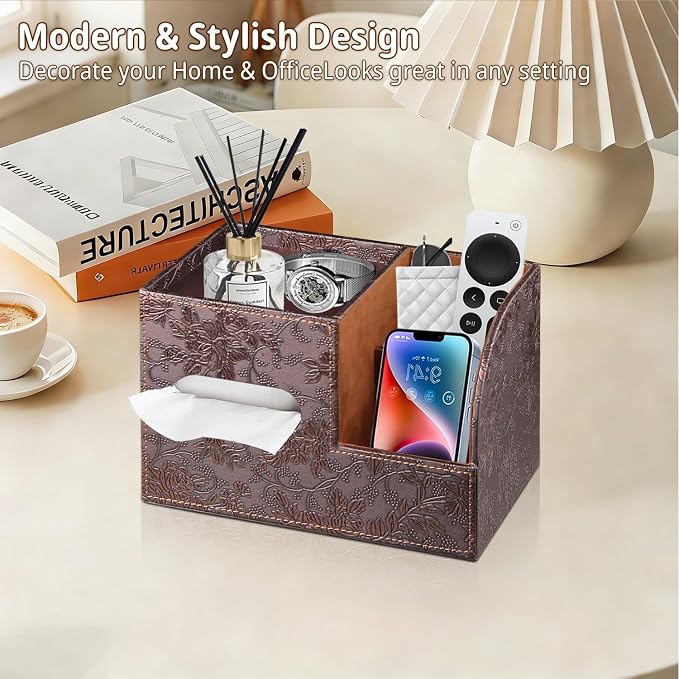 PU Leather Square Tissue Box Cover with Storage Tray,Cube Tissue Box Holder