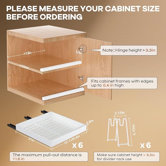 Seinloes 6 Pack Pull out Cabinet Organizer 21"Deep with Raising Pad for Framed Cabinets, Expandable Slide out Drawers for Kitchen Cabinets with 6pcs Divider Racks, Roll out Shelves 12.1"-20.4" W White