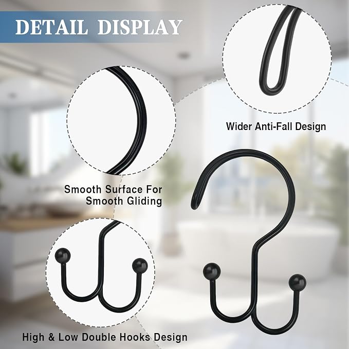 Shower Curtain Hooks, OEH Shower Curtain Rings, Black Shower Curtain Hooks Rust Proof, Decorative Double Shower Hooks for Shower Curtain, Anti-Drop Shower Rings for Curtain & Liners, Black, 12Pack