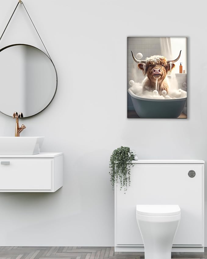 UPWOIGH Highland Cow Bathroom Wall Art, 12 x 16 Inch Wrapped Canvas | Playful Bathtub Scene with Bubbles, Warm Farm Animal Decor for Guest Bath, Powder Room, Restroom or Small Wall Space