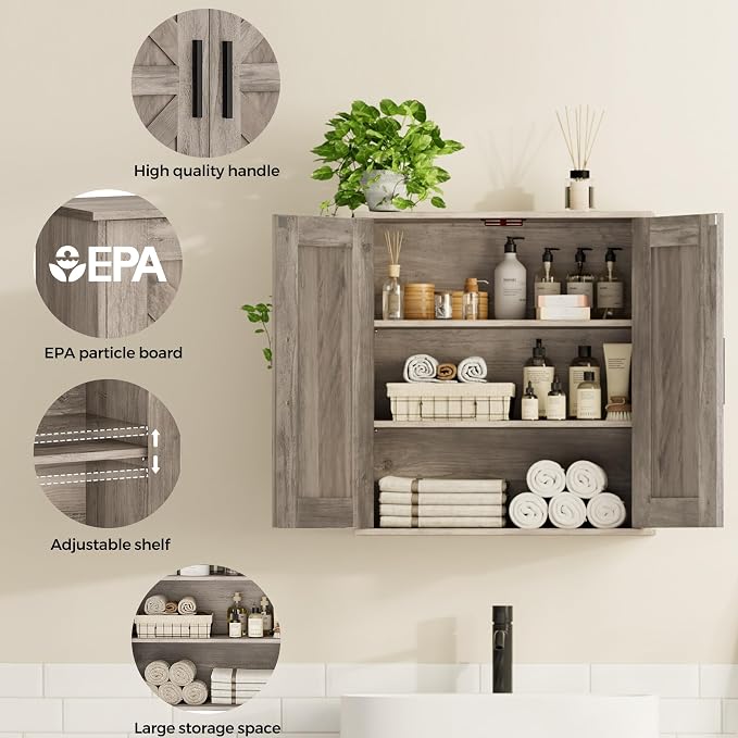 Homleke Bathroom Wall Cabinet, Medicine Cabinet with Adjustable Shelves | 3-Tier Wall Mounted Over Toilet Storage with Barn Doors, for Bathroom, Kitchen, Entryway, Laundry Room, Greige, (7.9" D)