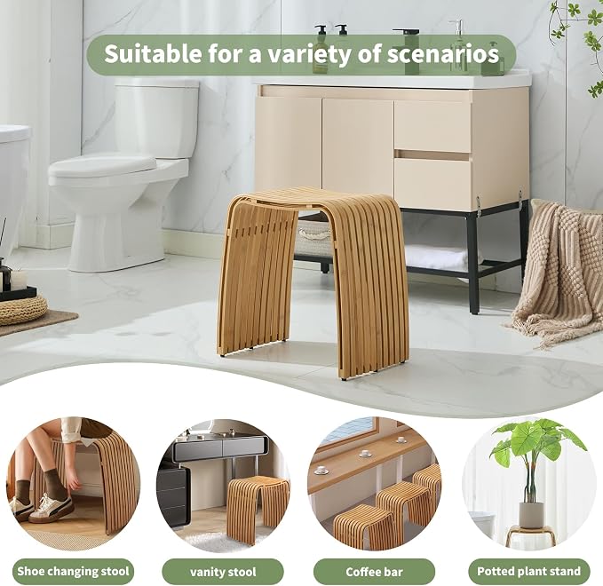 Bamboo Shower Bench Set of 2, Waterproof Non-Slip Bath Stool, Sturdy | Natural bamboo material, fully assembled, unique spa-style, multi-scene use for bathroom, entryway, bedroom and living room