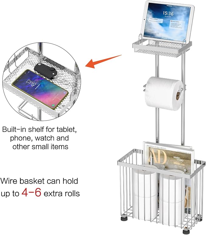 Freestanding Toilet Paper Holder Toilet Tissue Rack Scroll Stand Roll Dispenser with Storage Shelf Reserve for Phone Tablet Magazine Bathroom Organizer Bath Tissue Organizer (Silver)