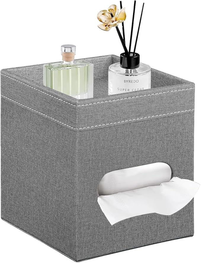Square Tissue Box Cover with Storage Tray,Modern Decorative Tissue Holder | PU Leather Side Open Napkin Caddy,Facial Paper Dispenser for Bathroom Vanity,Night Stands,Desk,Stylish Home & Office Décor