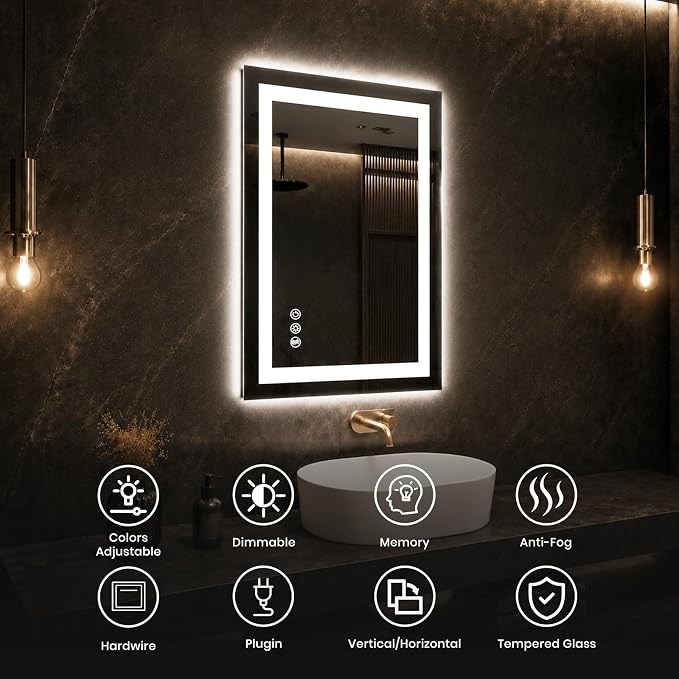 ROOMTEC 24"x32" LED Bathroom Mirror with Lights, Backlit+Frontlit | Anti-Fog, Dimmable, Memory Function, Bathroom Vanity Mirror for Wall, Shatterproof Tempered Glass (Horizontal/Vertical)