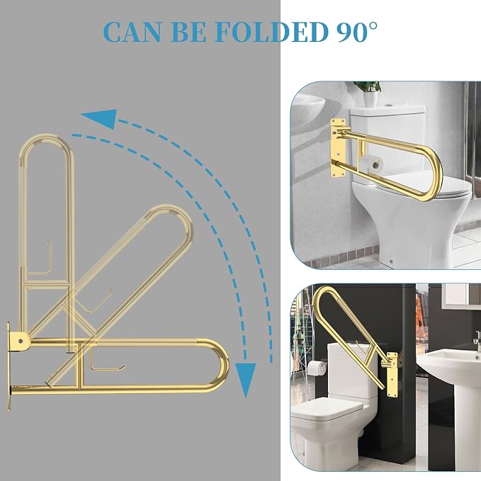 Flip Down Toilet Grab Bar 32 Inch Gold, Munzong Anti-Slip Handicap Grab Bar | with Paper Holder Flip-Up Bathroom Safety Rails Stainless Steel Knurled Support handrails for Seniors Elderly Disabled
