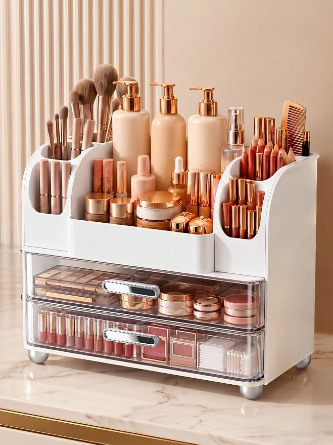Large Makeup Organizer Countertop for Vanity Skincare Organizers | Bathroom Organizers and Storage with Brushes Holders, Waterproof Cosmetic Organizer for Perfumes Lipsticks Nail Polish, White