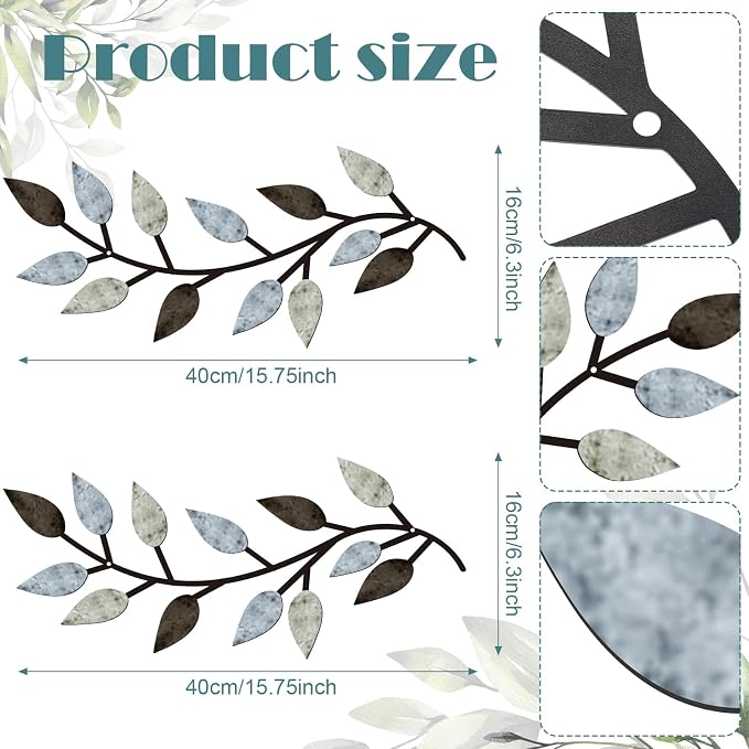 Zhengmy 2 Pcs Metal Leaf Wall Art Vine Branch Decor,Pastel Colors