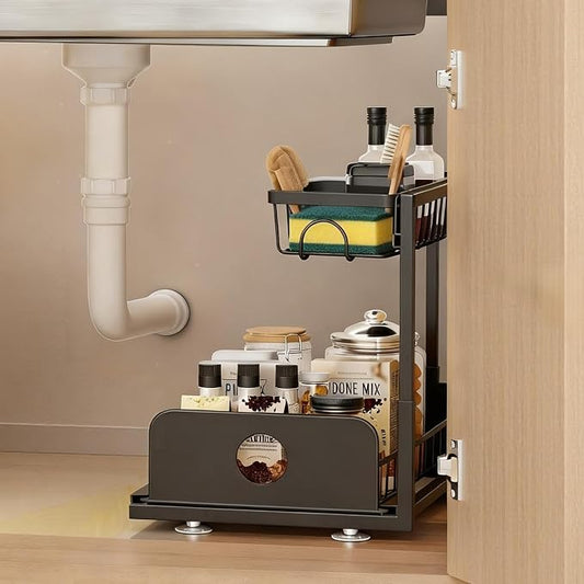 Under Sink Organizer, 1 Pack Under Kitchen Cabinet Organizer, Height Adjustable Pull Out Mute Slide-Out 2 Tier Metal Under Sink Storage for Bathroom, Pantry, Kitchen & Bedroom (Black, 1 Pack)