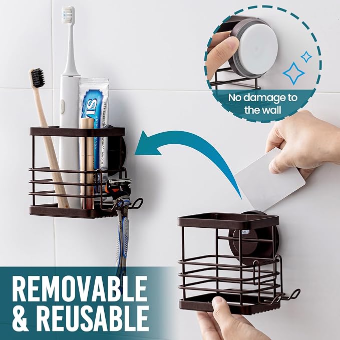 TAILI Patented Suction Cup Toothbrush Holders for Bathrooms, Brown | Stainless Steel Toothpaste Holder with Razor Hook, Strong Suction Up to 11lbs, Anti-Puddling, No Drill Removable & Reuseable