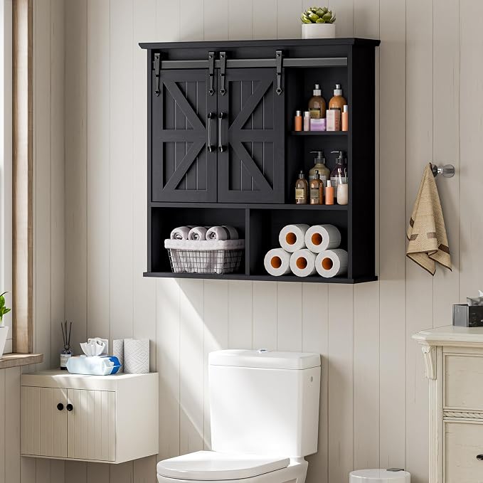 Vabches Bathroom Wall Cabinet, Farmhouse Medicine Cabinet, Black | Wooden Vintage Storage Cabinet Wall Mounted with Double Sliding Barn Door and Adjustable Shelf for Bathroom, Kitchen