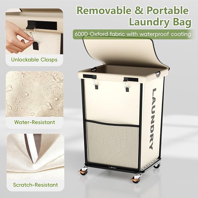 Laundry Hamper with Wheels and Lid, 150L Large Rolling Laundry Basket White | Heavy Duty Clothes Organizer, Sturdy Metal Frame, Lockable Swivel Casters, Removable Bag, For Bedroom, Bathroom, Laundry Room