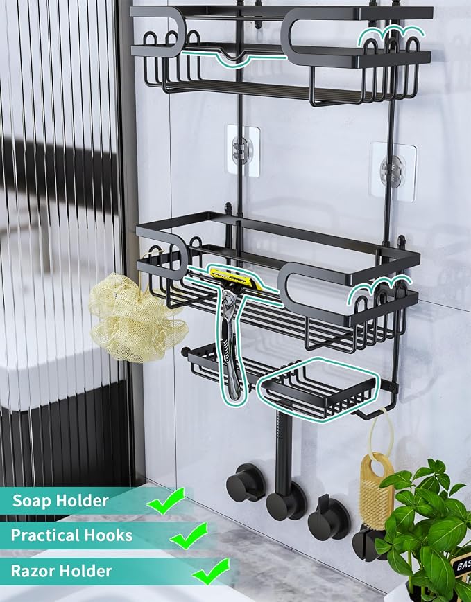 HapiRm Bathroom Hanging Shower Caddy - Rustproof & Waterproof Shower Shelf with 12 Hooks and 2 Soap Holders, No Drilling Bathroom Organizers and Storage - Black