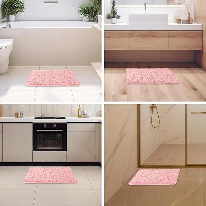 Pink Bathroom Rugs – Absorbent and Washable Bath Mat, Non-Slip, Thick Soft Chenille Bath Rugs for Bathroom Floor, Shower, Sink - 17" x 24"