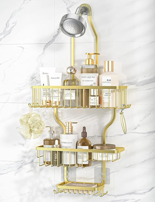 Never Rust Shower Caddy Hanging, Aluminum Shower Racks for Inside Shower, 3-Tier Shower Organizer Hanging Over Shower Head with Hooks and Soap Holder, Gold