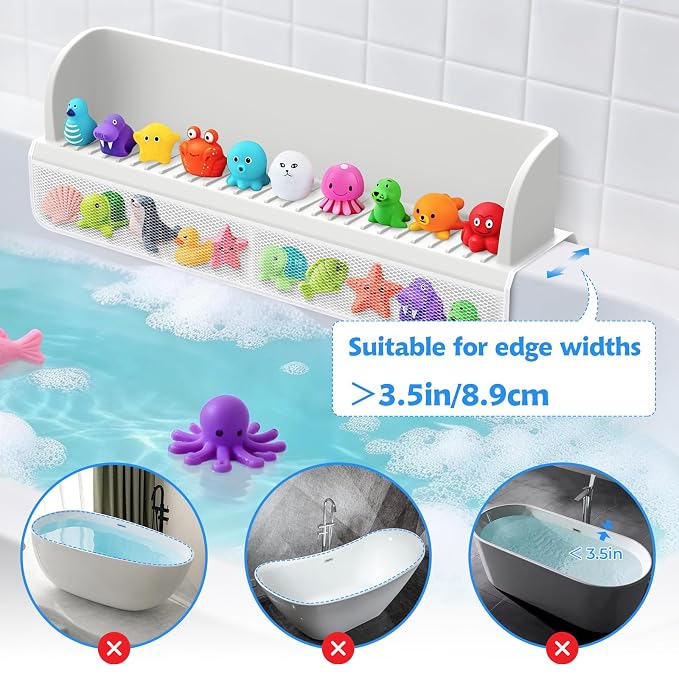 Splash Guard for Bathtub,Kids Bath Toy Tray Caddy Holder, Silicone, Gray | Bath Toy Storage Bag,Guard for Bathtub with Mesh Bathtub Toy Storage,Super Adsorption - Extended Design for Splash Protection