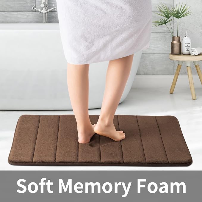ROSMARUS Memory Foam Bath Mat, 17''x24'', Brown | Water Absorbent, Ultra Soft, Non Slip, Thick Foam, Bathroom Rugs for Floor & Tub, Machine Washable Care