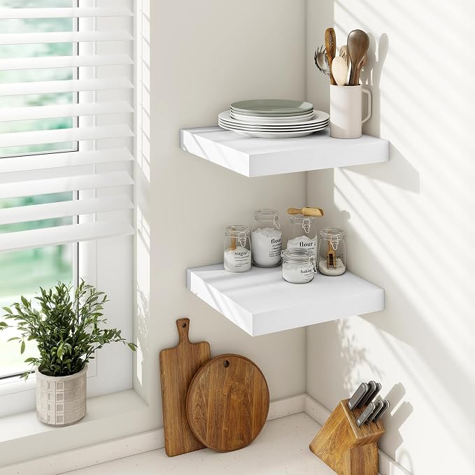 Vivelove Square Floating Shelves 12x12” Set of 2, White | Easy Install with Hardware, Invisible Brackets, No Sagging, Living Room Display Shelf, 2" Thick，Engineered Wood