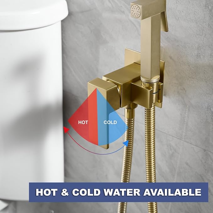 Wall Mounted Bidet Sprayer Set for Toilet with Hot & Cold Water | Warm Water Bidet Sprayer Faucet,Brass Valve,Handheld Bidet Attachment Set for Bathing Pets and Feminine Hygiene,Brushed Gold