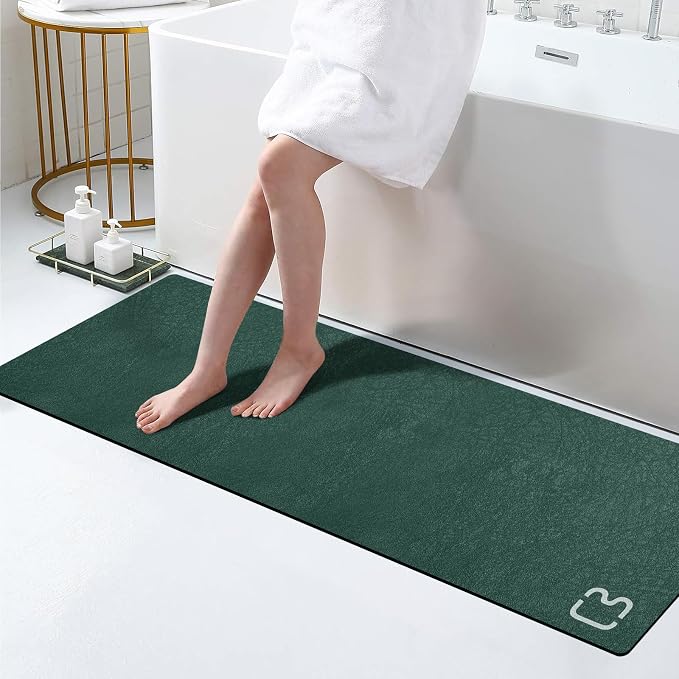 Dark Green Long Bathroom Rugs Large Stone Bath Mat for Bathroom,15.7"x47.2" | Non Slip Rubber Backed Quick Dry Super Absorbent Diatomaceous Earth Bath Mat Extra Long Thin Diatomite Bathroom Mat Runner