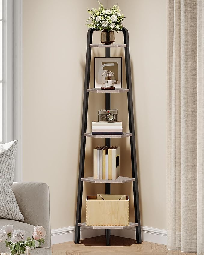 Corner Shelf, 5-Tier Ladder Corner Shelf, Ladder Bookshelf, 59.6" Tall Vertical Display Stand, Metal Frame Bookshelf, for Living Room, Bedroom, Kitchen, Greige and Black TCJ20BG