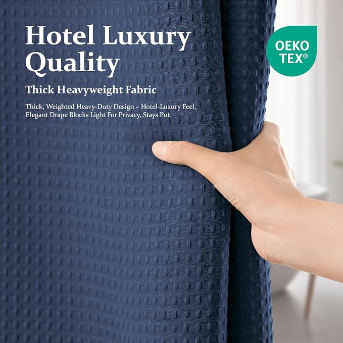 Extra Long Waffle Shower Curtain 256 GSM Fabric 72x96 Navy Blue | 96 Inch Tall, Thick Polyester Cloth, Weighted Hem, Water Repellent & Washable, Hotel Shower Curtain Set for Bathroom 12 Hooks
