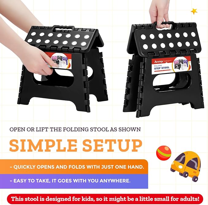 Collapsible Step Stool 7.5 Inch, Small Folding Stool, 176 lbs, Black | Lightweight Foldable Step Stool for Kids and Adults with Handle, for Kitchen, Bathroom, Car, and Compact Home Storage