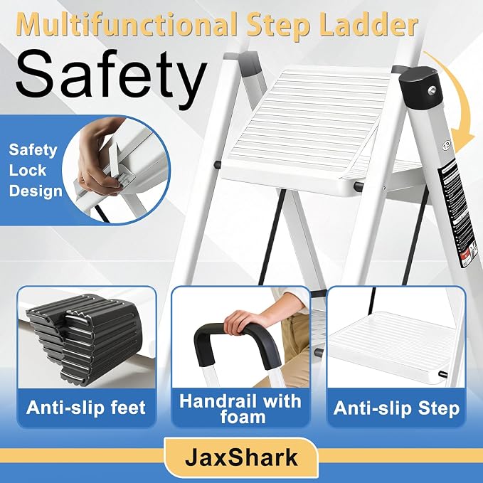 3 Step Ladder Folding Step Stool with Handrail | 500LBS Capacity Sturdy Carbon Steel Frame Anti-Slip Pedal & Feet Portable for Home Kitchen Garage Bathroom (white-3step)