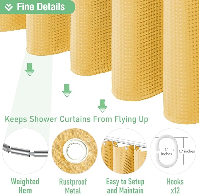 Extra Long Waffle Shower Curtain 256 GSM Fabric 72"x84" Gold | 84 Inch Long, Thick Polyester Cloth, Weighted Hem, Water Repellent, Washable, Tall Hotel Bathroom Shower Curtain Set 12 Hooks