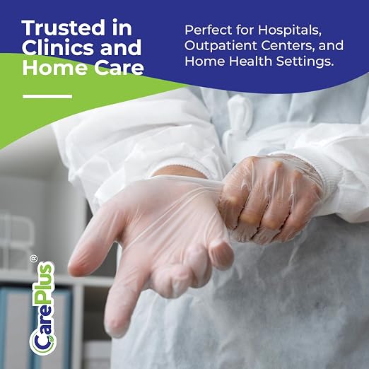 CARE PLUS Vinyl Gloves Clear Large, Disposable Latex Free, 200 Count | Powder free exam grade protection for food service, salons & housekeeping; ambidextrous, tear resistant, comfortable fit